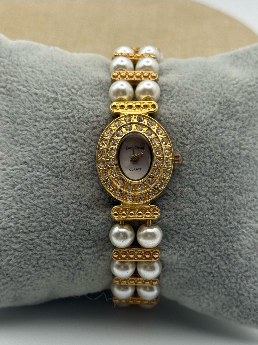 Womans Louis Delon Gold Crystal & Pearl Bracelet Watch
